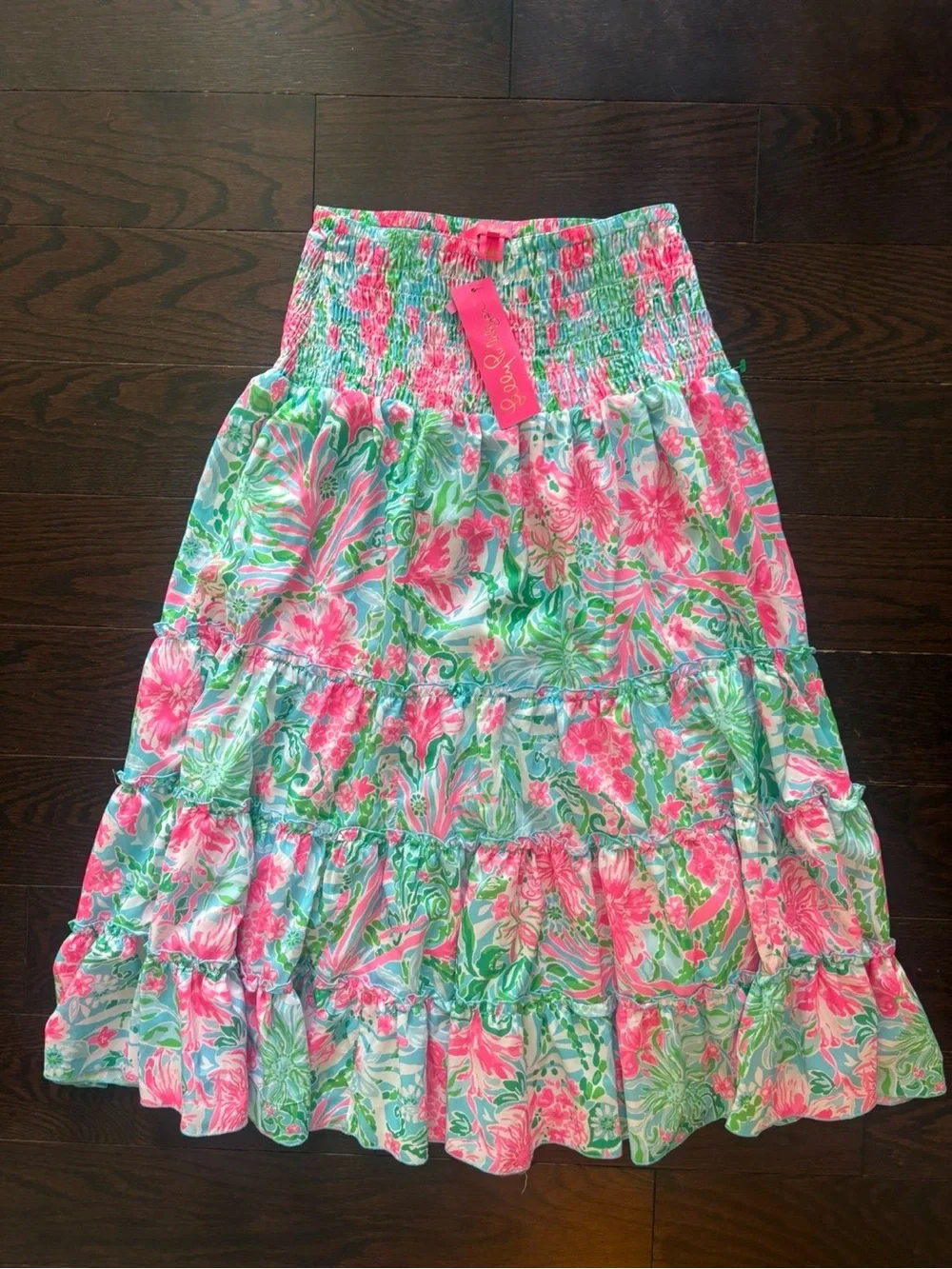 Lilly Pulitzer Pink and Green Floral Tiered Maxi Skirt